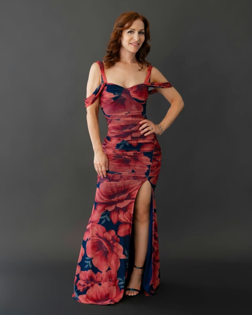 Woman in a sparkly floral party dress for a celebration