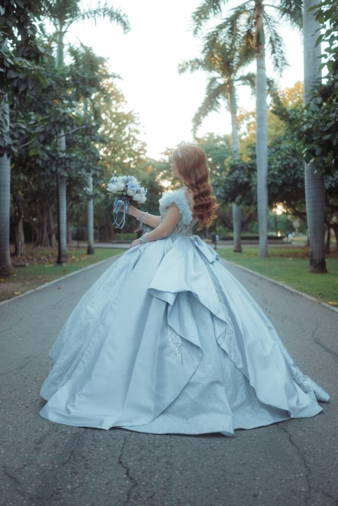 Woman in a birthday celebration ballgown outfit